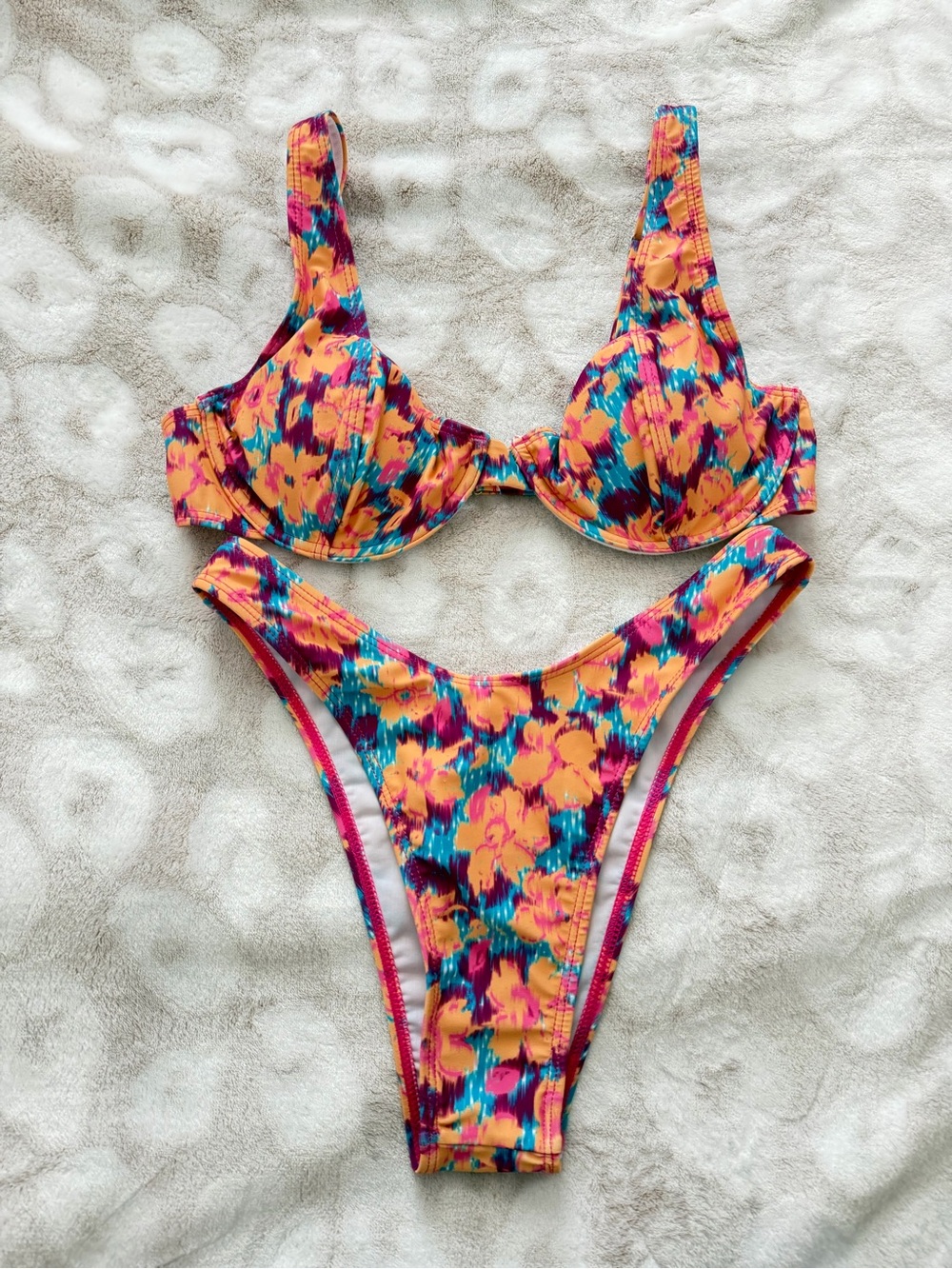 SHEIN Orange Floral Print Underwire Bikini Set with Blue & Pink Accents